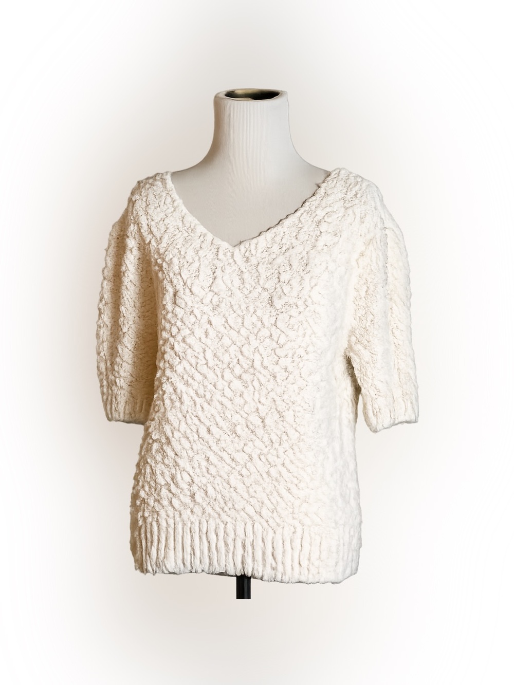 Vintage 80's Evian Knobby Sweater V-Neck Women Short Sleeved Sweater